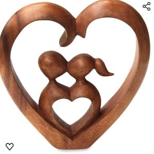Hand Carved Suar Wood Kissing Couple Abstract Heart Sculpture the love story